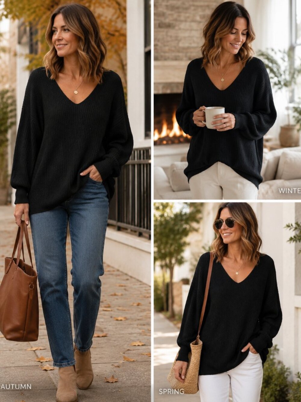 Black Ribbed V-Neck Sweater Classic Lightweight Oversized Dolman Top Black Sz L